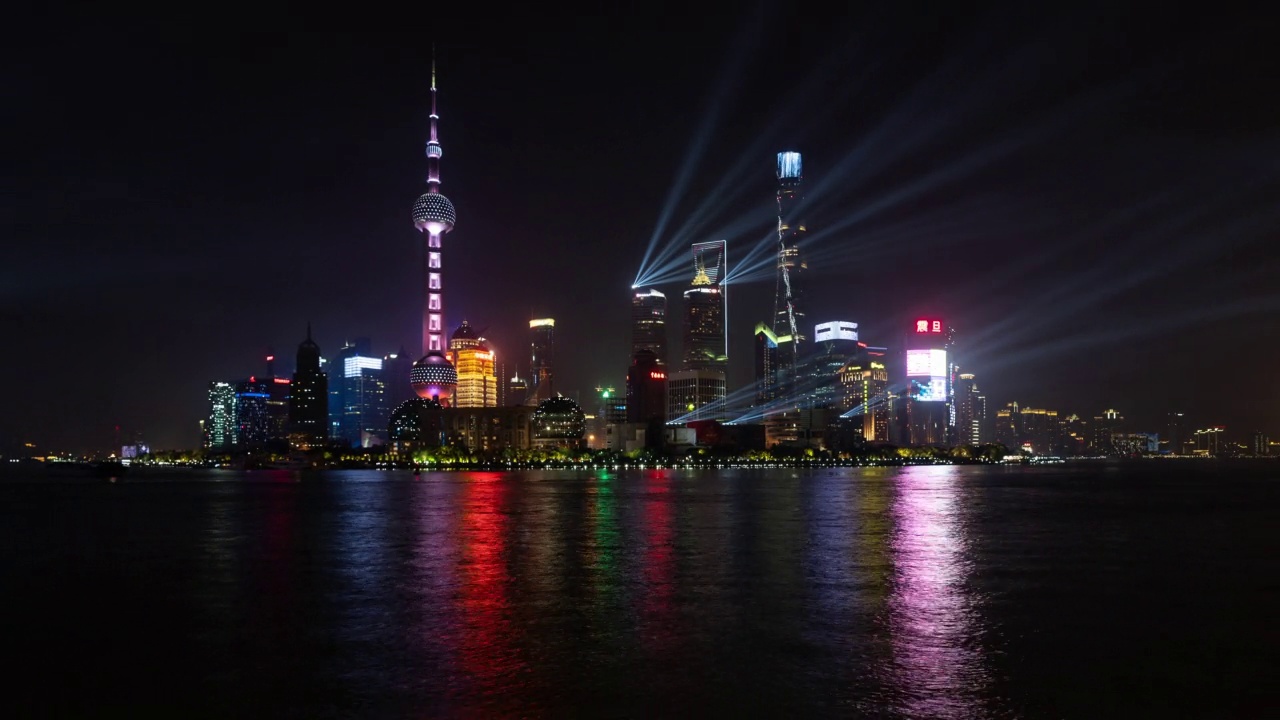 4k时间流逝:上海城市照明摩天大楼灯光秀旅游景点