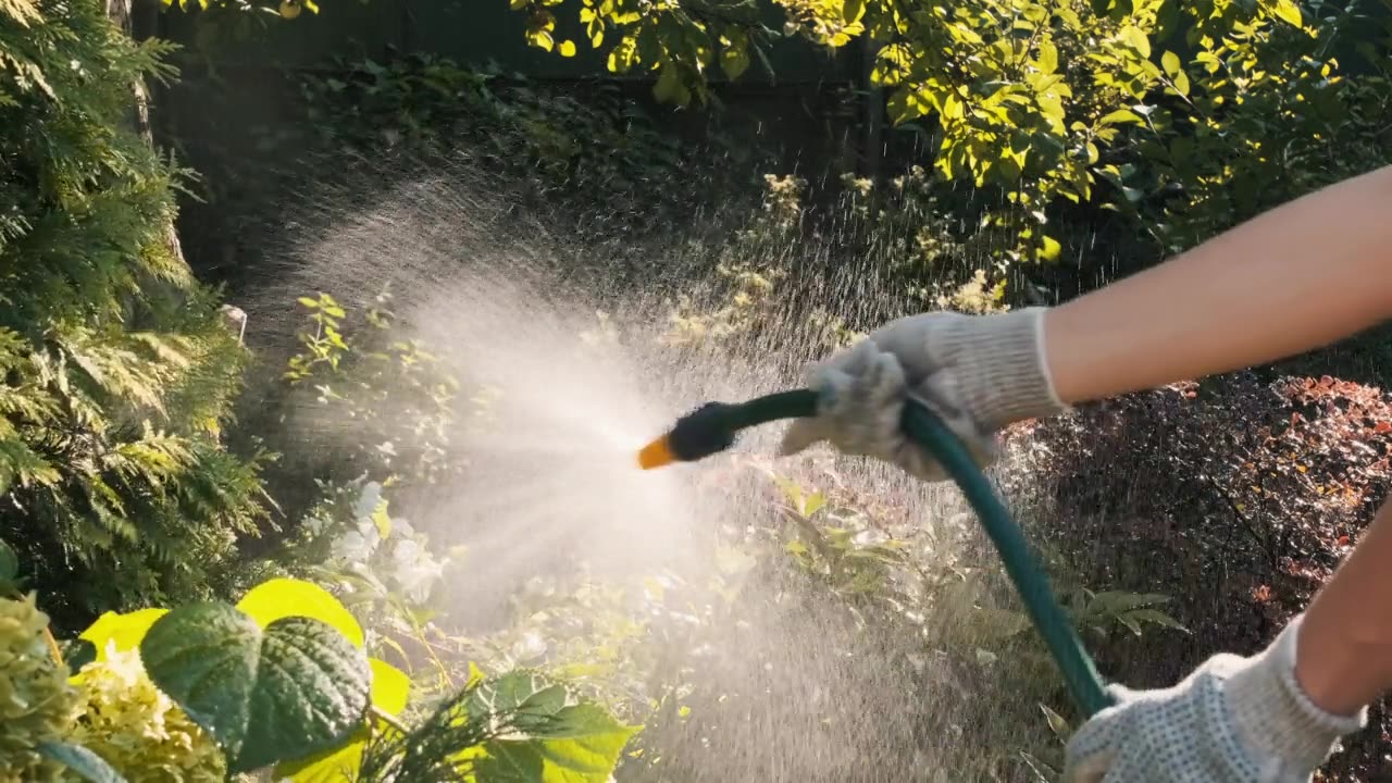 详情图-在后院花园里给植物浇水。