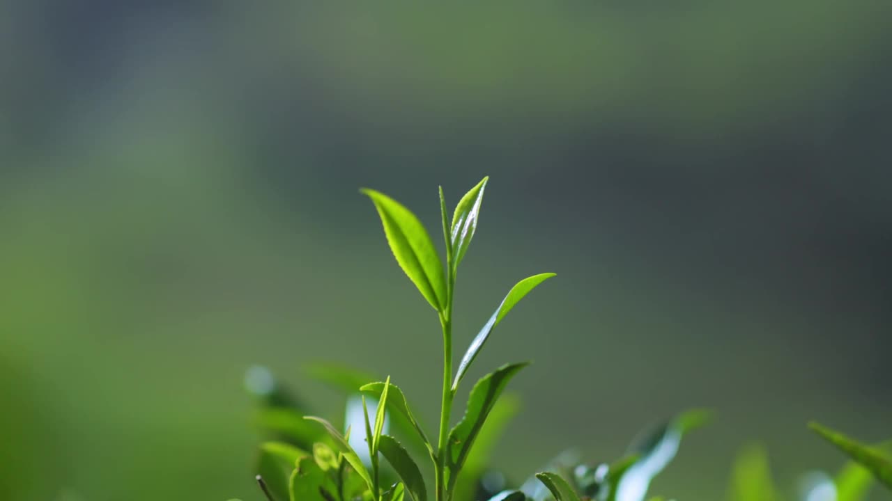 茶园自然背景下的新鲜完美茶芽和茶叶特写