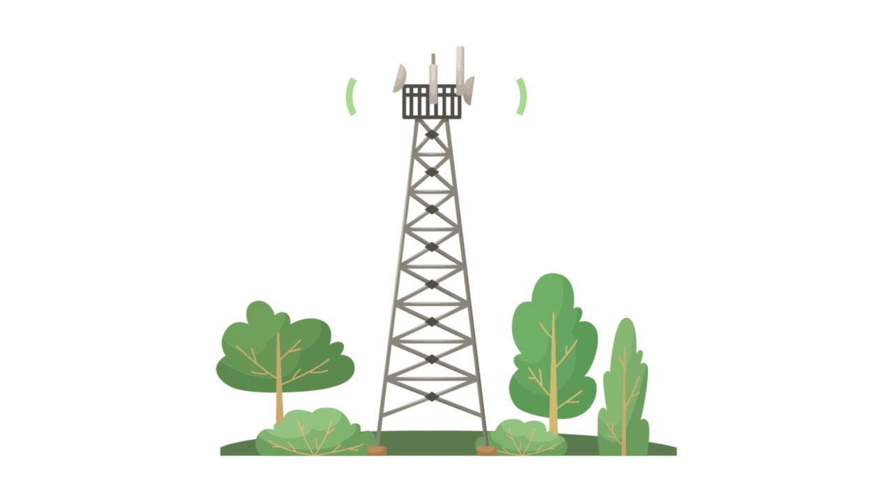 详情图-向量动画的蜂窝通信塔站在森林。5G、4g信号分布。互联网。现代技术