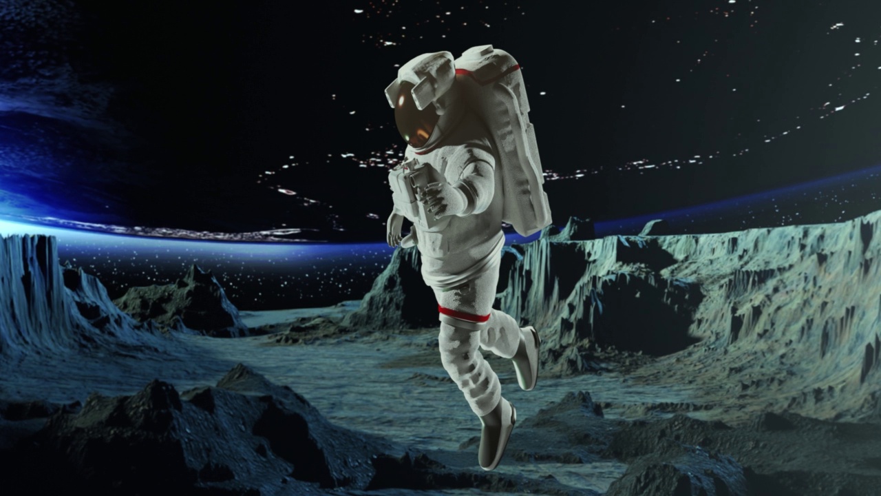 宇航员或宇航员在行星表面进行太空探索，背景是4K分辨率的恒星场