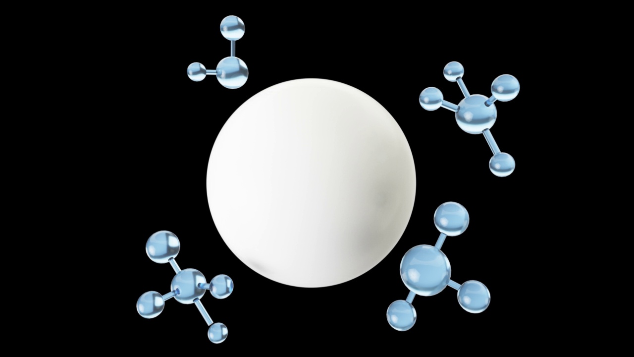3D动画分子宏原子细胞精华液乳霜，胶原蛋白透明水晶精华液和维生素护肤，清晰的背景。