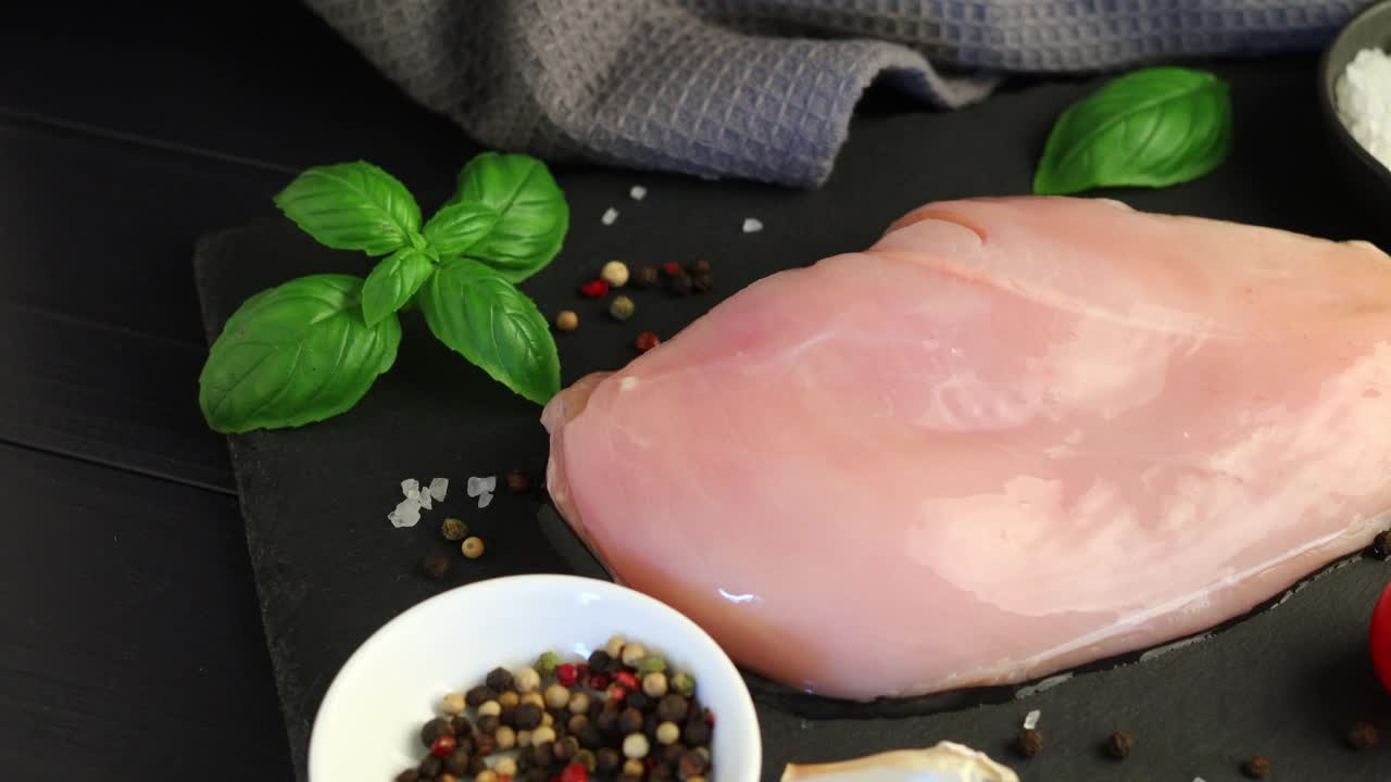 生鸡鱼片木板俯视图。新鲜鸡胸肉配香草和香料。