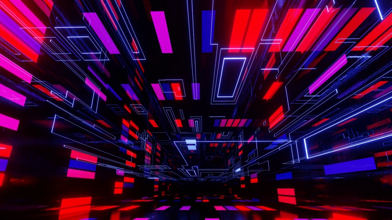 詳情圖-高科技霓虹燈科幻隧道。新潮的霓虹燈發(fā)光線形成圖案和建筑在鏡子隧道。穿越科技網(wǎng)絡空間。3d循環(huán)無縫4k明亮的青年背景。