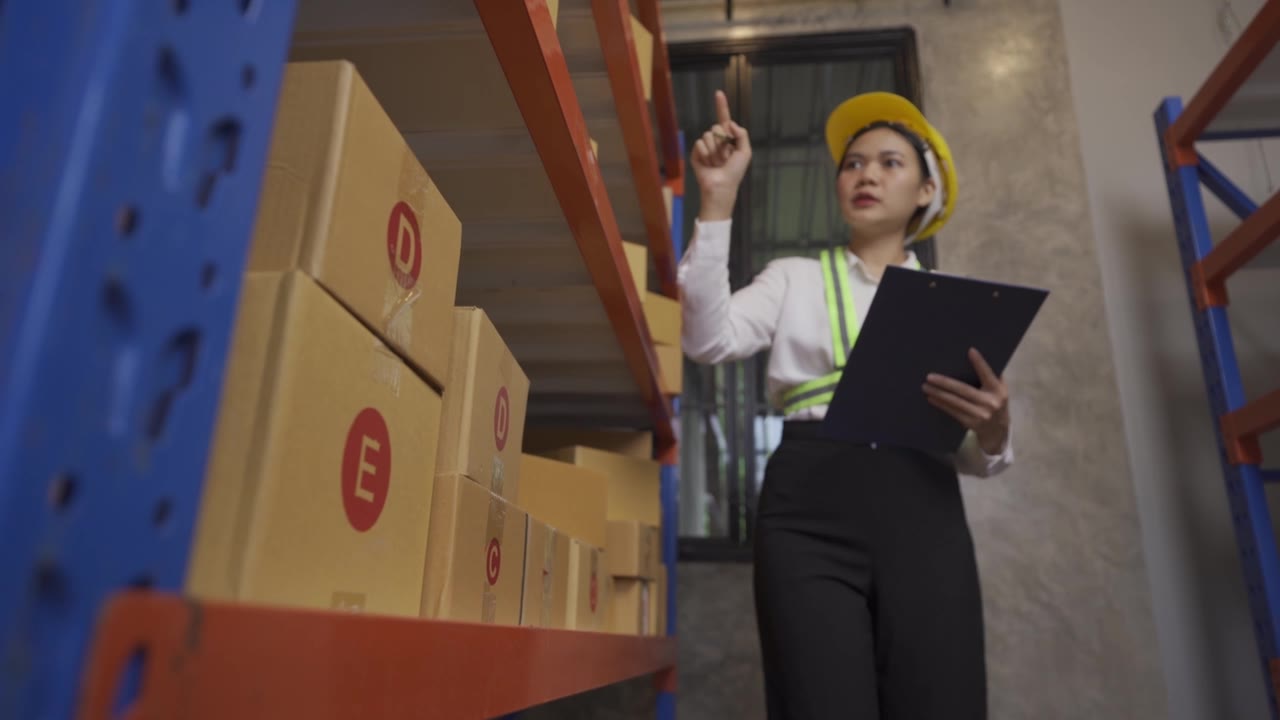 詳情圖-一名亞洲女性倉庫工人在公司倉庫現(xiàn)場檢查庫存。交付的概念