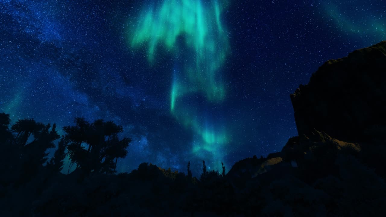北极光和时间流逝的云在山峰和树木剪影，4K