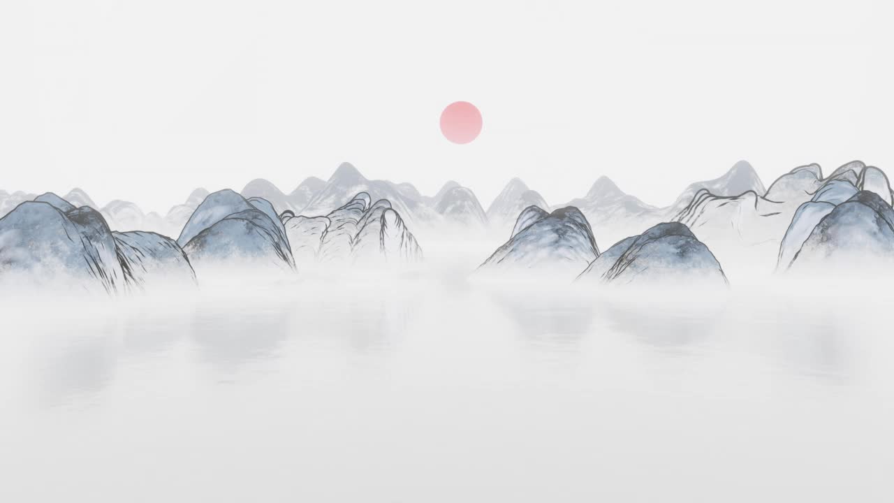 水墨画山景，三维渲染。