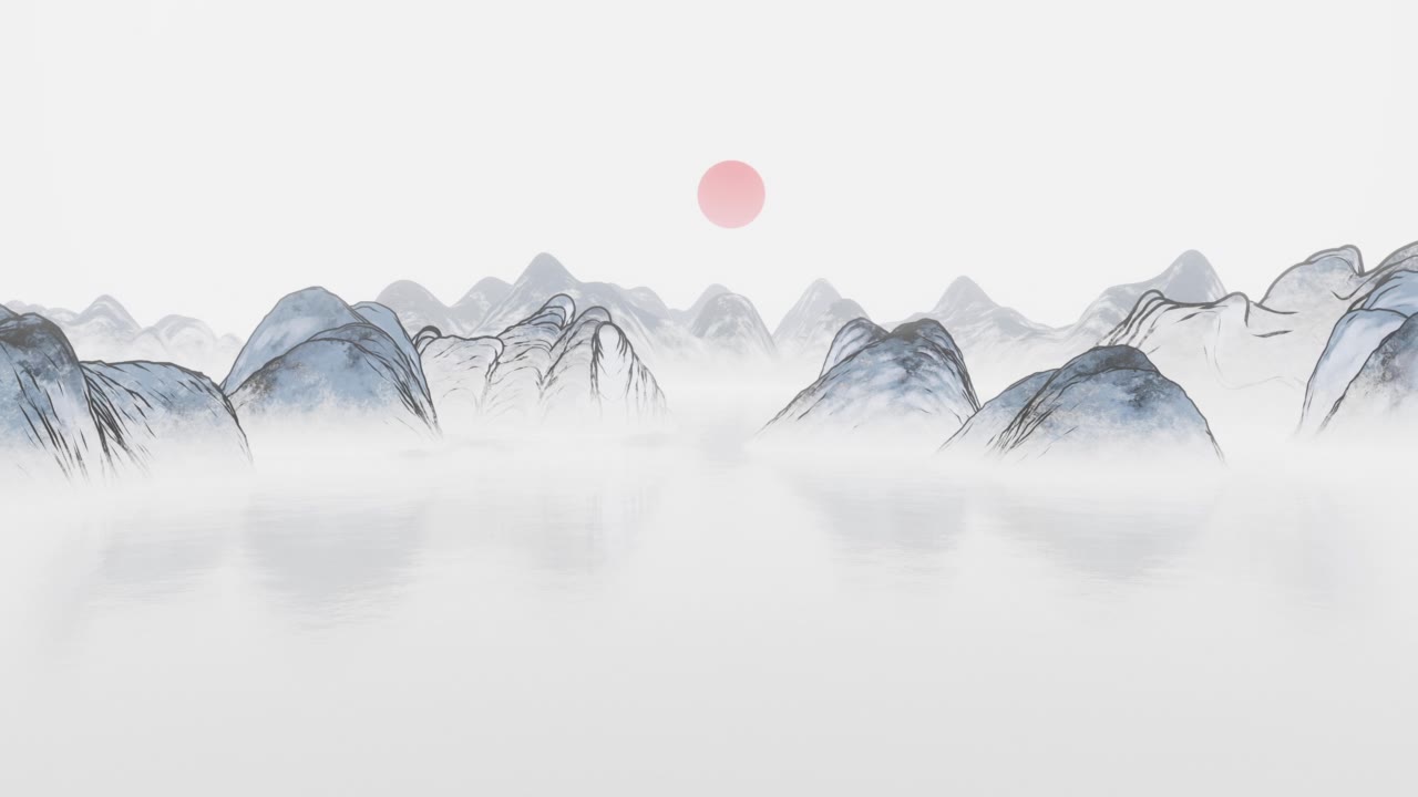 詳情圖-水墨畫(huà)山景，三維渲染。