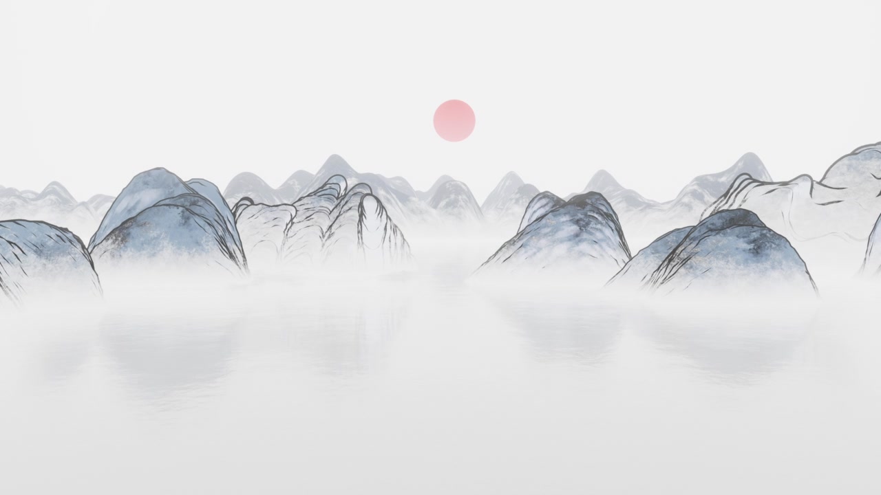 詳情圖-水墨畫(huà)山景，三維渲染。