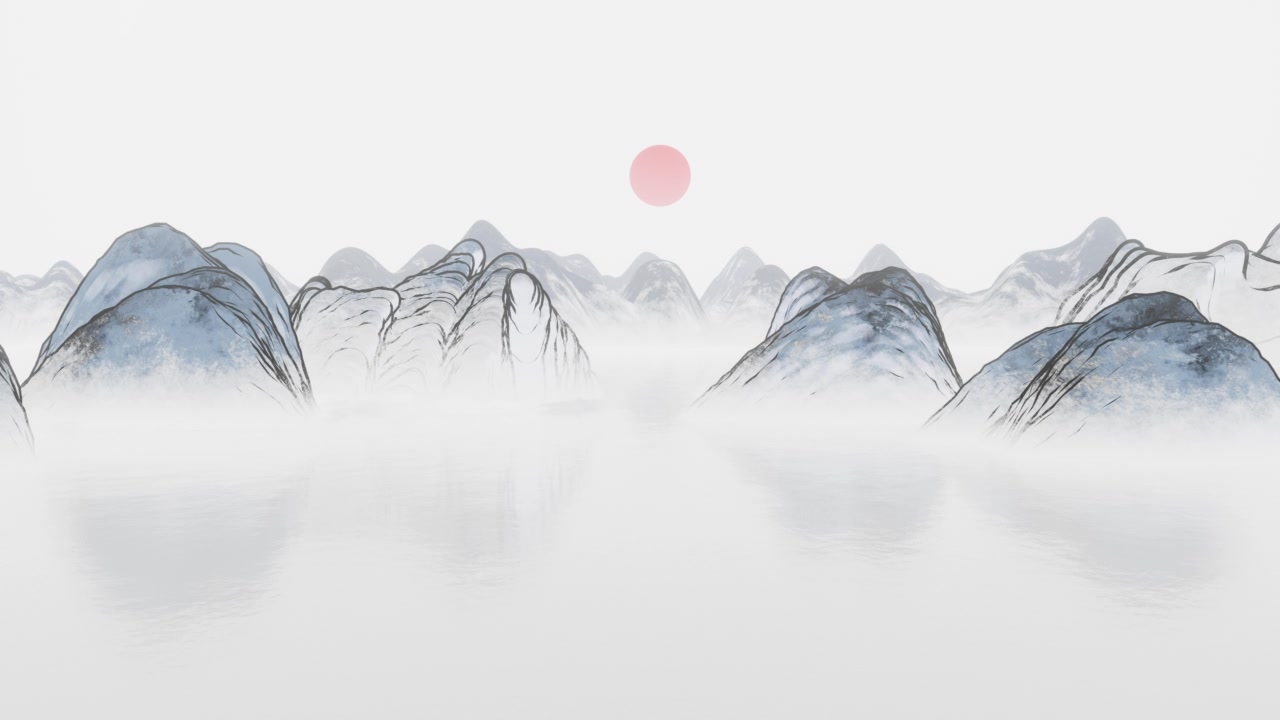 詳情圖-水墨畫(huà)山景，三維渲染。