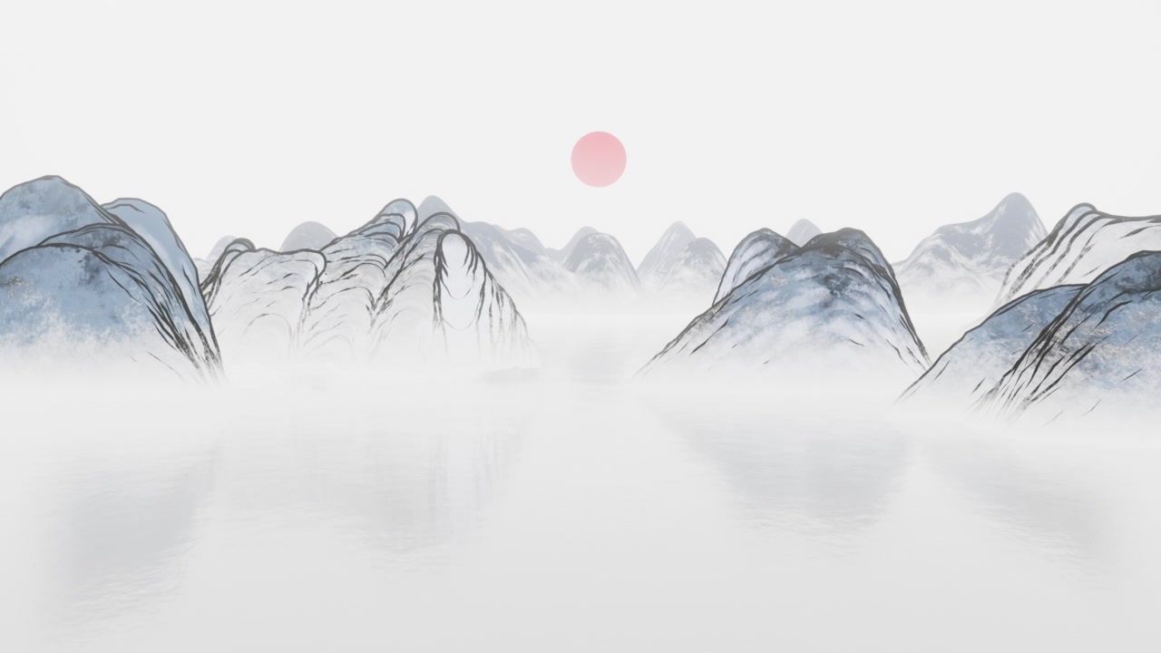 詳情圖-水墨畫(huà)山景，三維渲染。