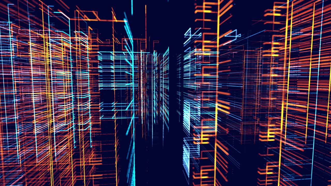 Vj环抽象科幻bg辉光粒子形成线、柱结构。高科技信息技术。线条形成全息图信息块，ai建筑光格，信息概念节点。蓝橙