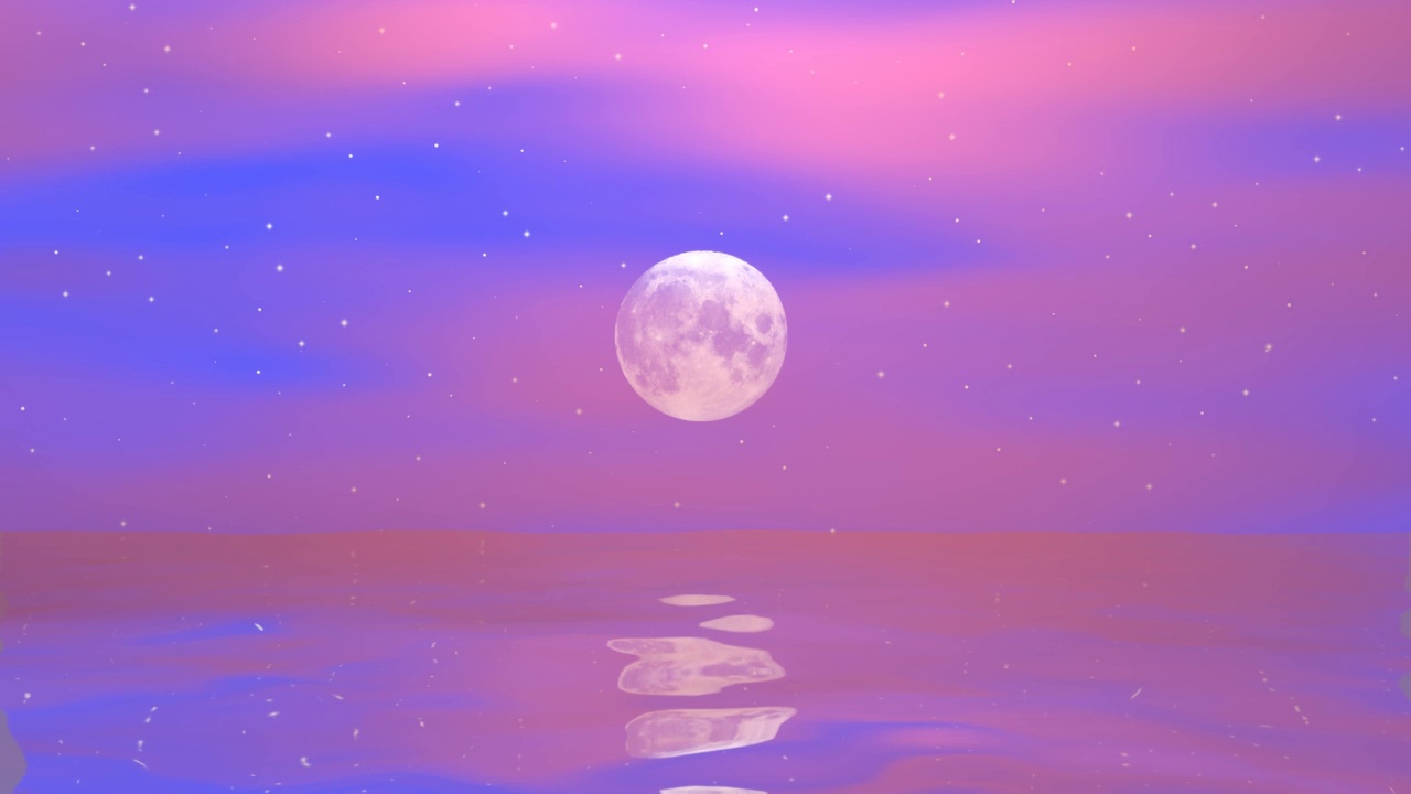 星空，满月和粉色晚霞3D 4K动画与复制空间