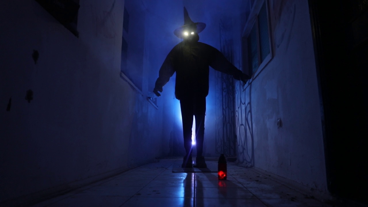 詳情圖-萬圣節(jié)的概念。黑暗走廊里南瓜頭的恐怖剪影。調(diào)光與背景上的霧。有選擇性的重點(diǎn)。長快門拍攝