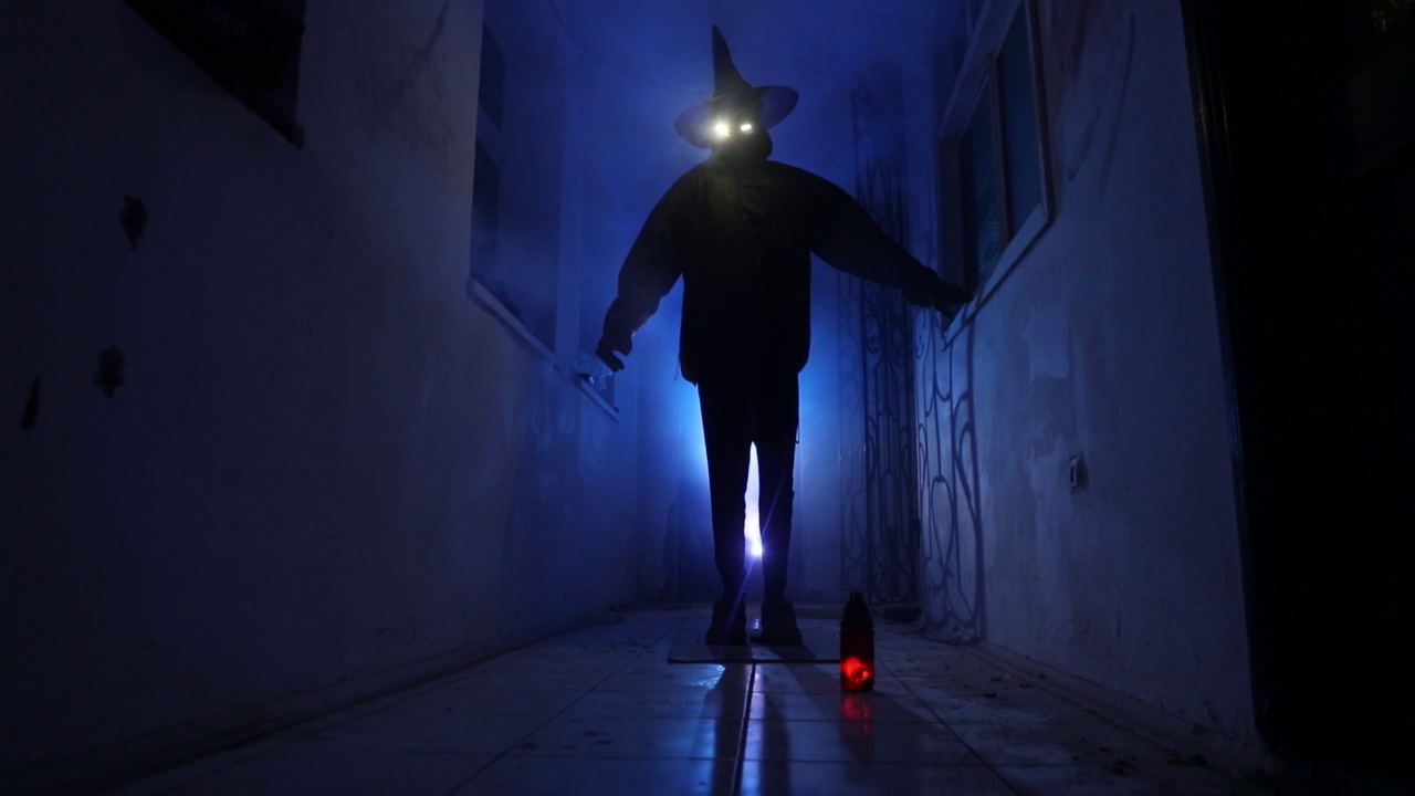 詳情圖-萬圣節(jié)的概念。黑暗走廊里南瓜頭的恐怖剪影。調(diào)光與背景上的霧。有選擇性的重點(diǎn)。長快門拍攝