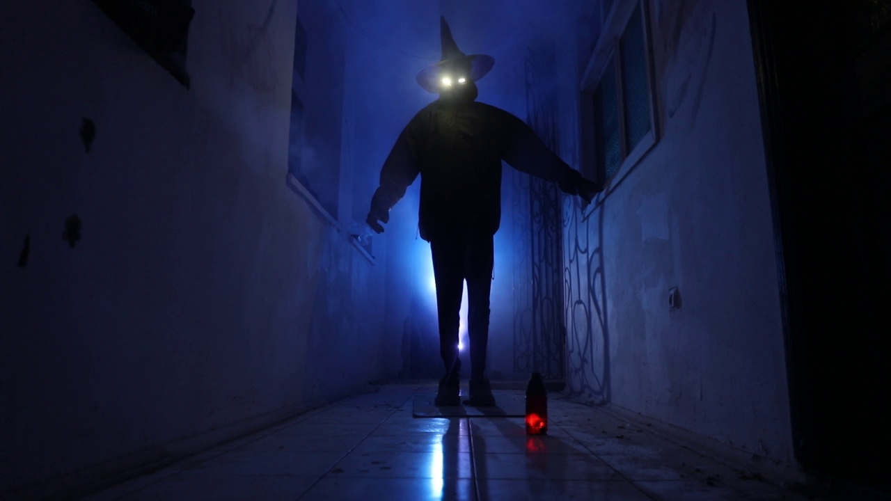 詳情圖-萬圣節(jié)的概念。黑暗走廊里南瓜頭的恐怖剪影。調(diào)光與背景上的霧。有選擇性的重點(diǎn)。長快門拍攝