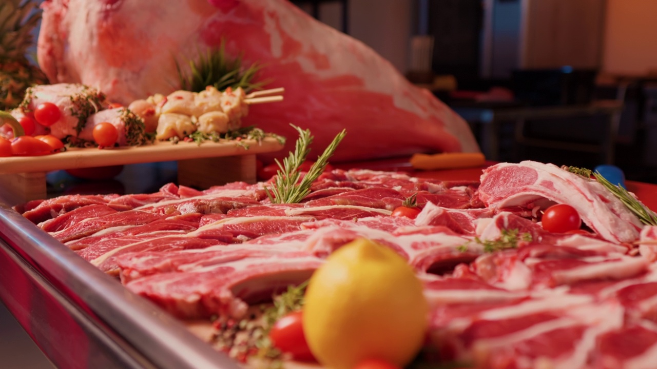 肉制品生的和加工的集合在一个金属桌子上。
