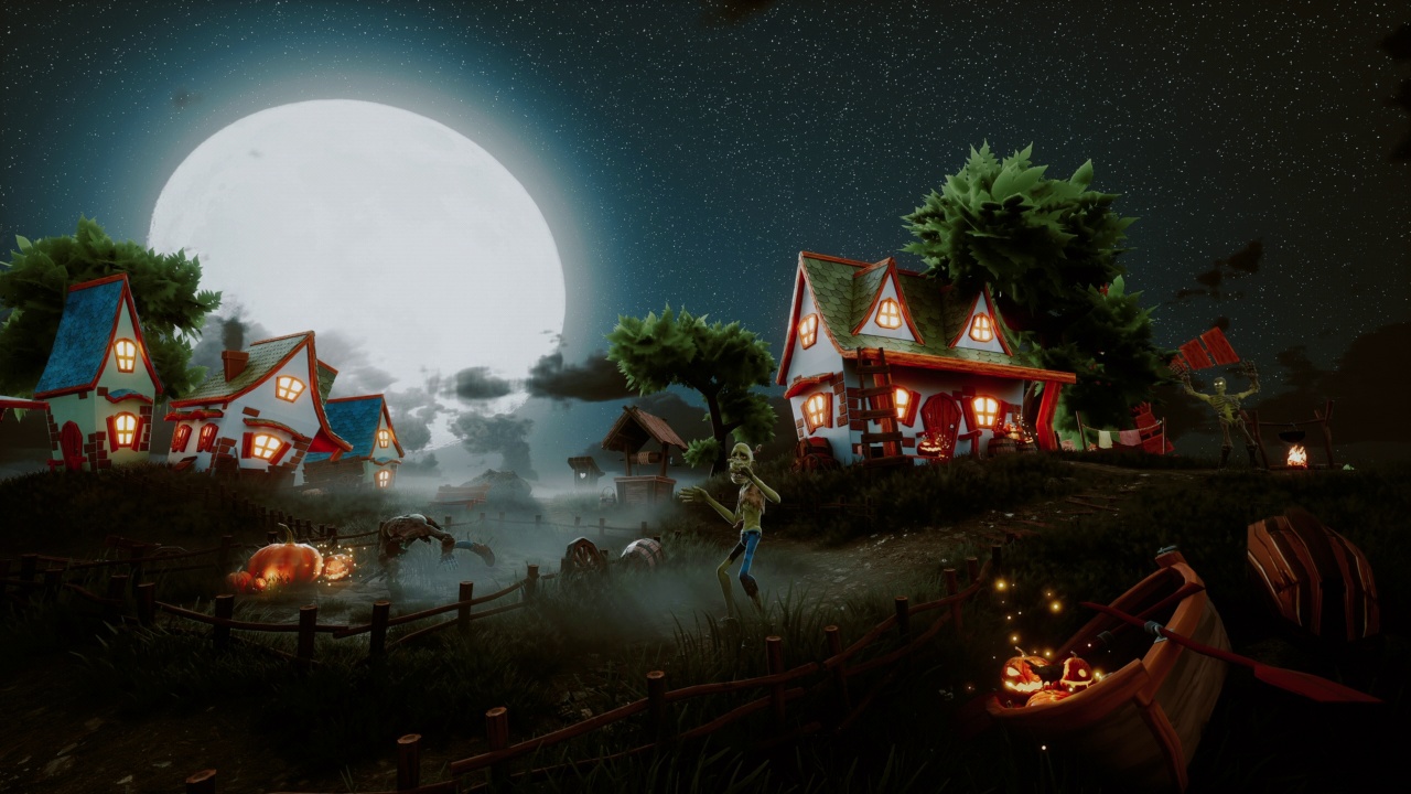 詳情圖-有趣的怪物在一個(gè)舒適的村莊背景下跳舞。萬(wàn)圣節(jié)之夜。視頻明信片的概念。美麗的萬(wàn)圣節(jié)之夜。