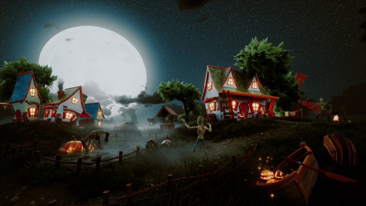 詳情圖-有趣的怪物在一個(gè)舒適的村莊背景下跳舞。萬(wàn)圣節(jié)之夜。視頻明信片的概念。美麗的萬(wàn)圣節(jié)之夜。