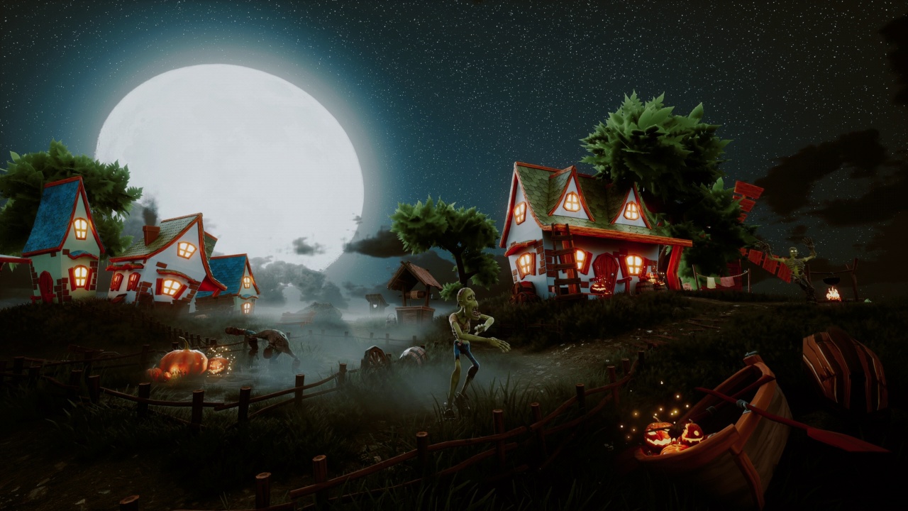 詳情圖-有趣的怪物在一個(gè)舒適的村莊背景下跳舞。萬(wàn)圣節(jié)之夜。視頻明信片的概念。美麗的萬(wàn)圣節(jié)之夜。