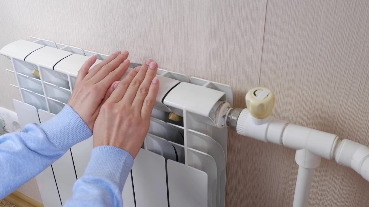 詳情圖-一名女性在家里的房間里用電池和加熱器取暖。手指，手掌保持暖氣片的溫度，靠近。室溫較低。冬季取暖期、季節(jié)。