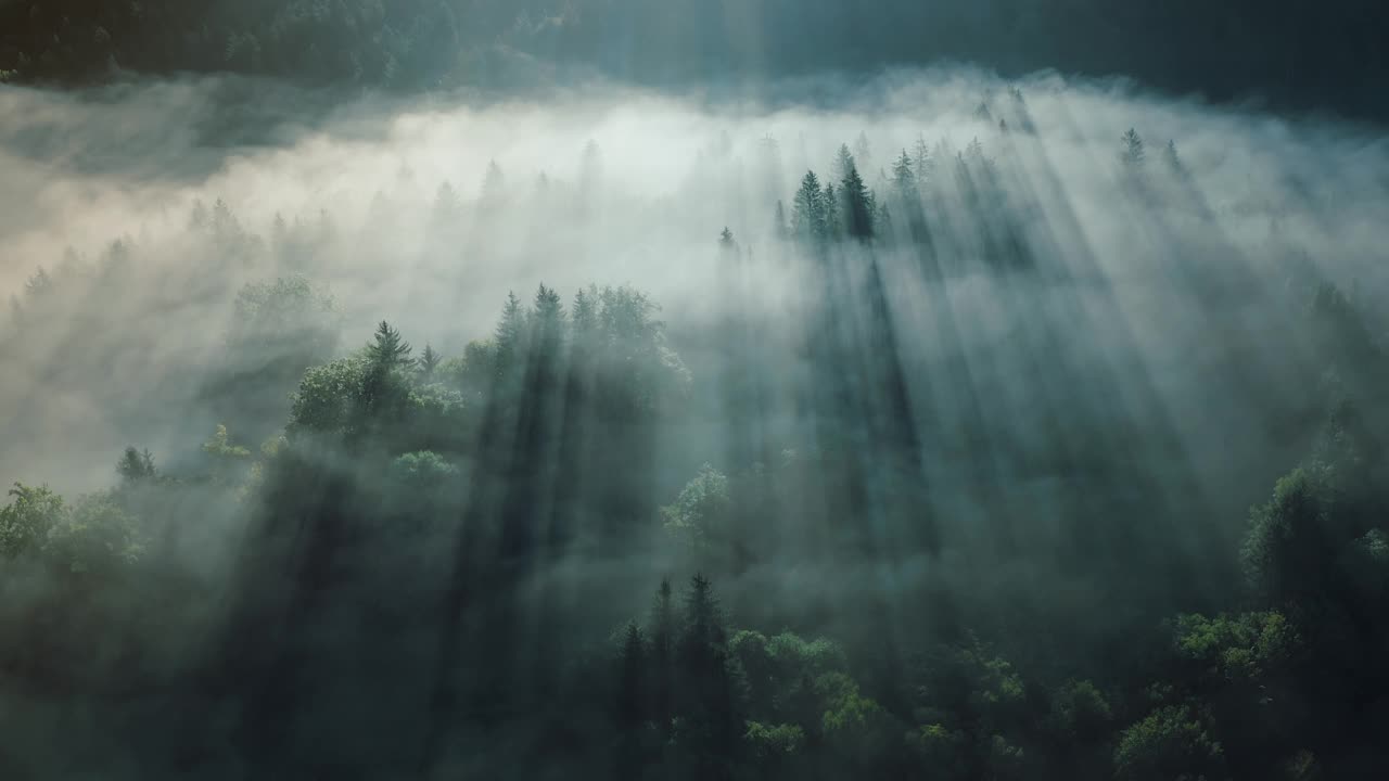 早晨的ASMR雾笼罩着神奇的松树林。阳光穿透了薄雾。在清晨的时间里，强大的树木。