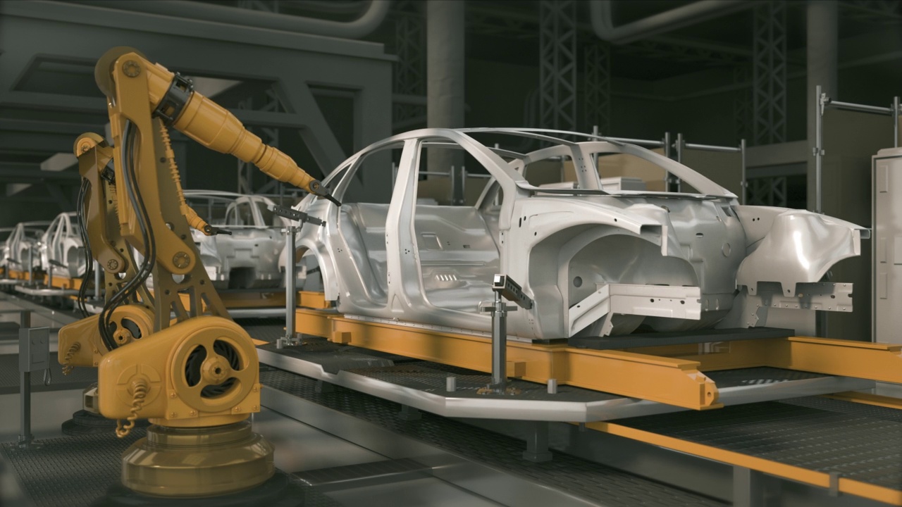 詳情圖-汽車工廠3D概念:自動化機械臂裝配線制造高科技綠色能源電動汽車。建筑，建筑，焊接工業(yè)生產(chǎn)輸送機。循環(huán)3,d