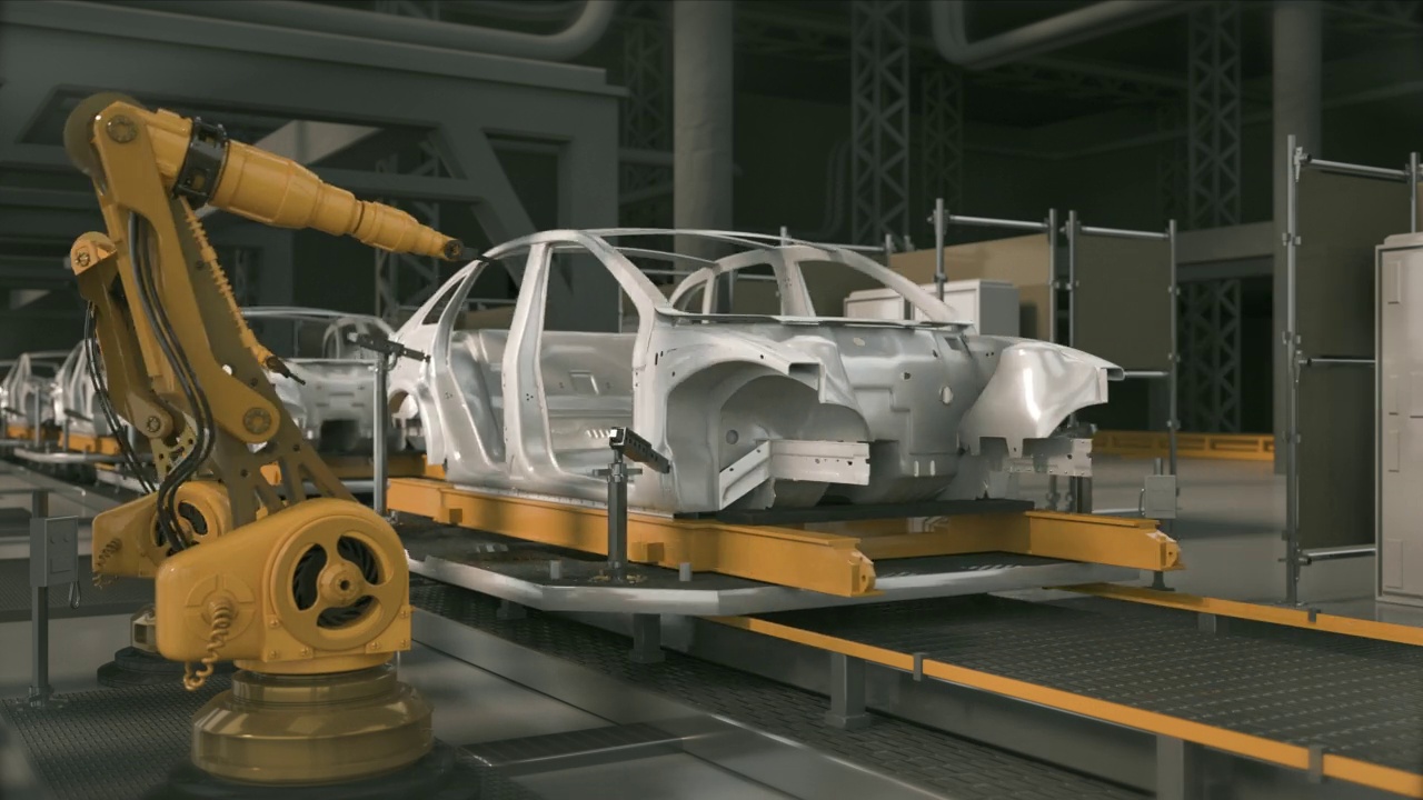 詳情圖-汽車工廠3D概念:自動化機械臂裝配線制造高科技綠色能源電動汽車。建筑，建筑，焊接工業(yè)生產(chǎn)輸送機。循環(huán)3,d
