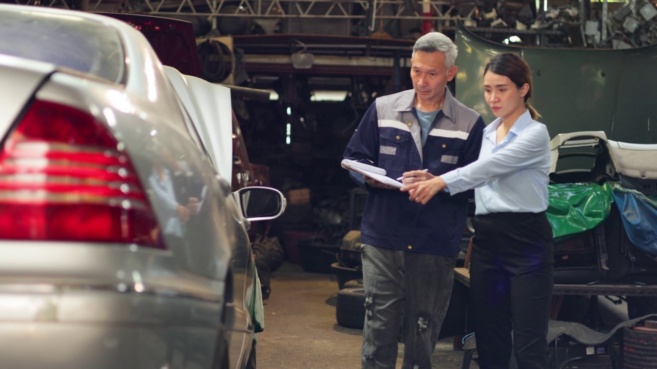 事故檢查員檢查因車禍在路上損壞的汽車。亞洲男性汽車保險代理人和女性顧客在車庫里用平板電腦檢查白色汽車。