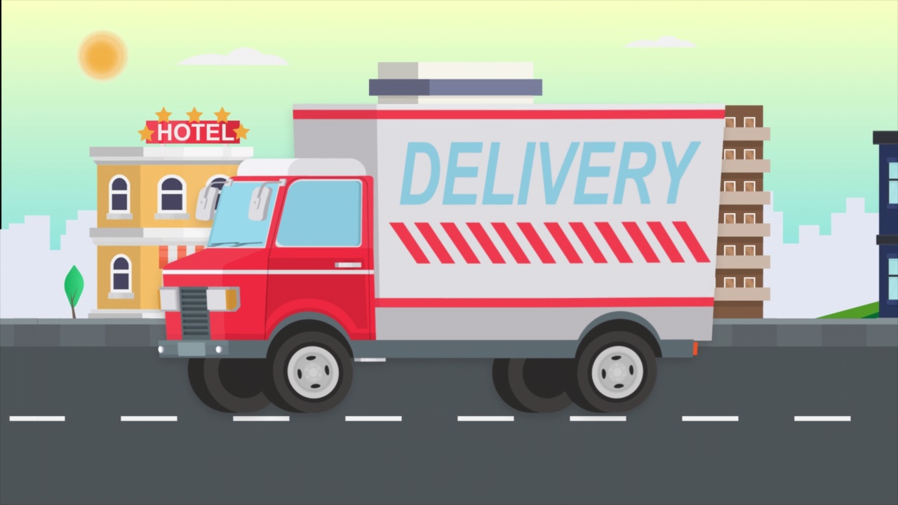 送货车。动漫快递在城市