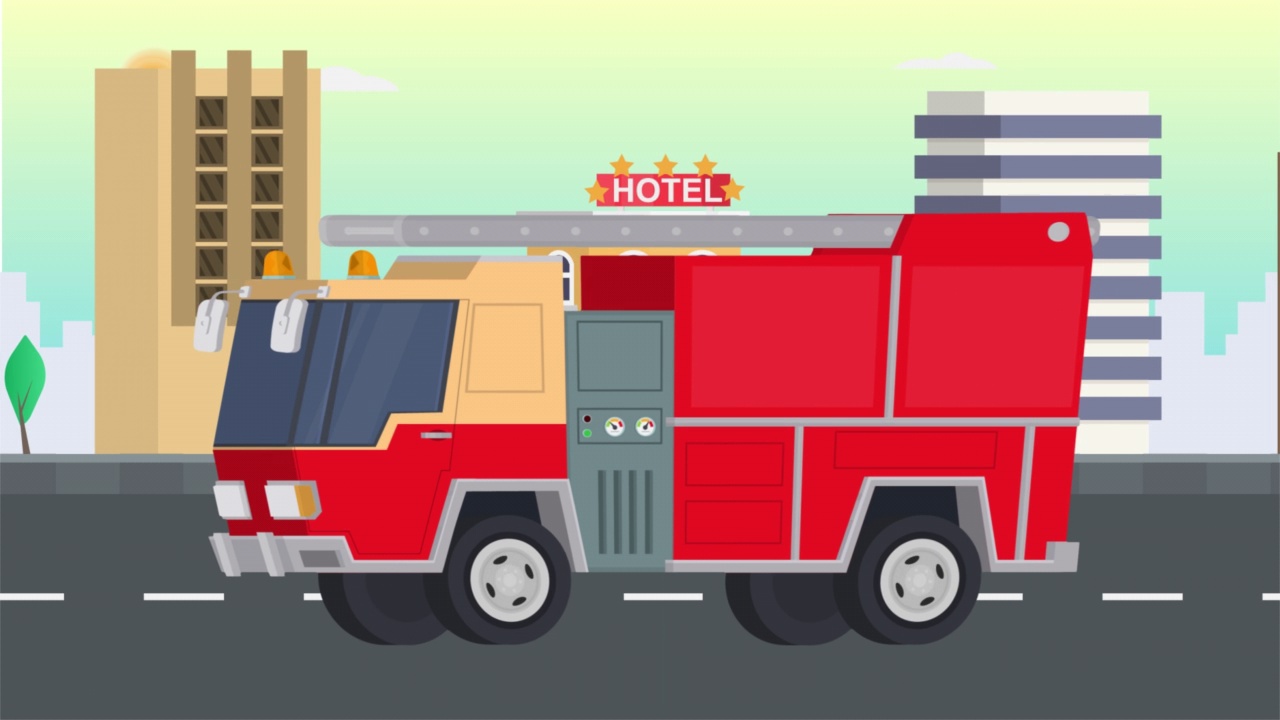 消防车。城市街道上的消防运输动画