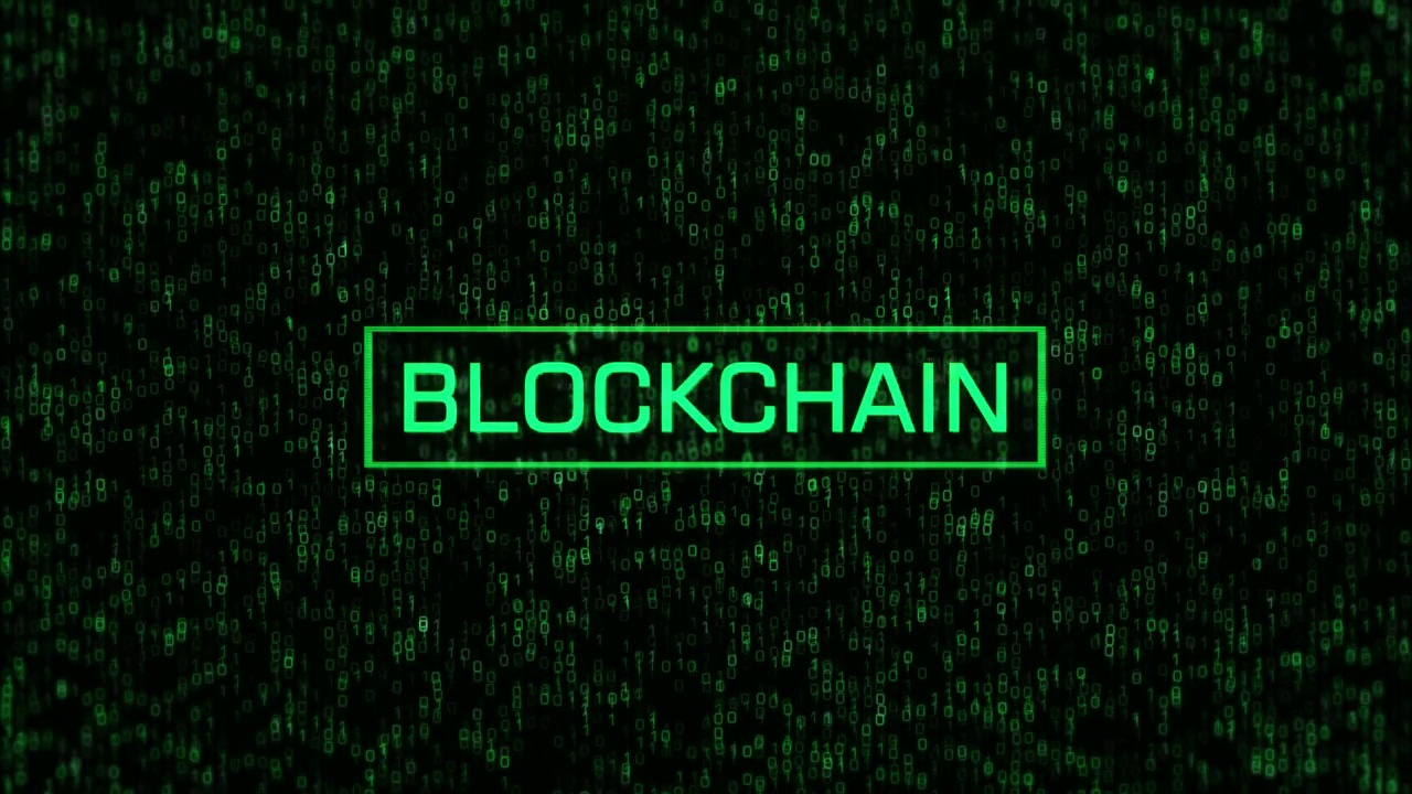 区块链计算机二进制文本背景。区块链概念超越二进制代码和矩阵背景