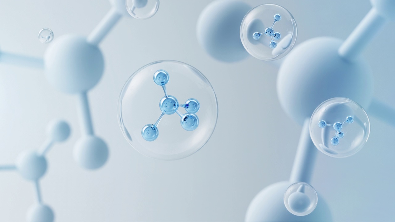 分子里面的泡沫，化妆品精华，液体滴在科学背景，3d动画。
