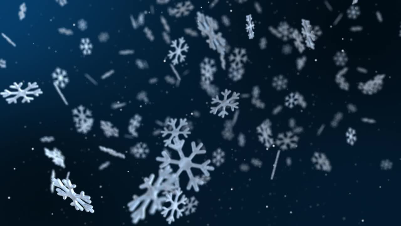 3D圣诞雪飘落雪花深蓝色背景。3 d渲染。