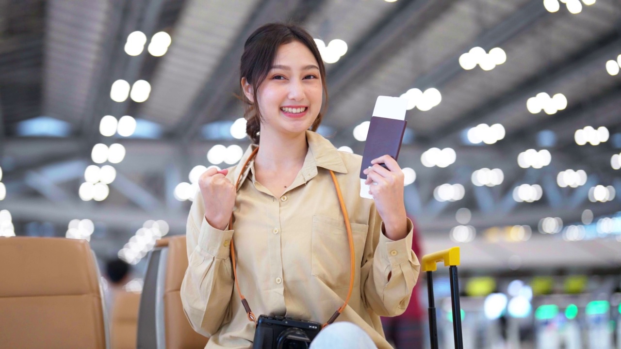 详情图-亚洲妇女在机场等待离开假期假期。肖像微笑的亚洲年轻女子看着相机。面部表情高兴