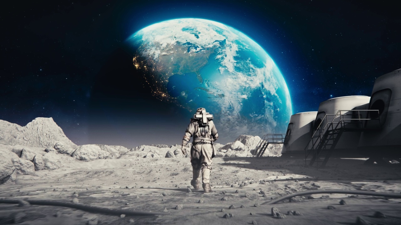 详情图-一名宇航员穿着太空服穿过月球基地走向地球