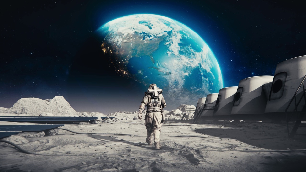 详情图-一名宇航员穿着太空服穿过月球基地走向地球