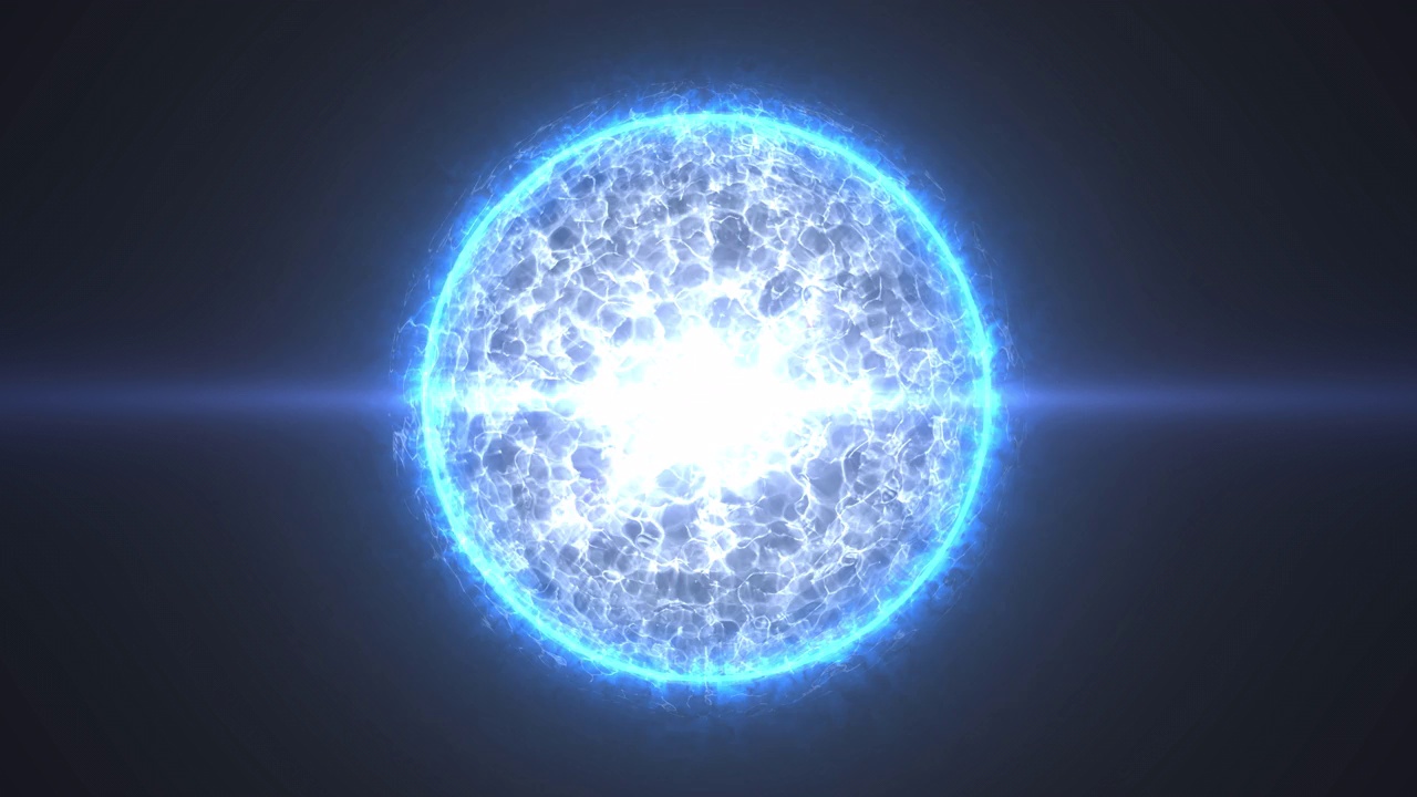 一个美丽的圆形明亮的球体，发光的恒星在黑色空间背景上燃烧着神奇的白色能量和等离子体。抽象的背景。屏幕保护程序，高质量的4k视频