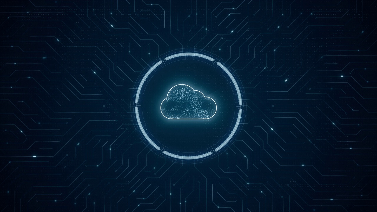 蓝色数字云计算logo和未来技术圆HUD的运动图形与电路板和抽象背景云存储概念上的数据传输