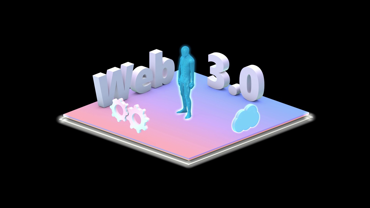 Web 3.0文字，霓虹灯效果。新技术的概念。动画齿轮，云和人。3 d动画。互联网和新技术的概念。
