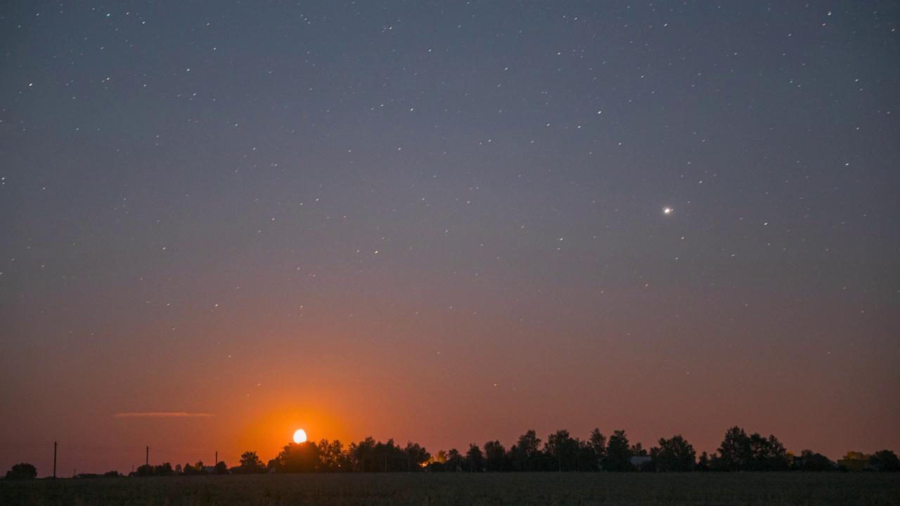 夏季田野上的月升。夜乡夏日星空景观。夜空星空星系自然背景。晚上的时间。视频夜的夜晚。发光的星星。发光的天空星星4K自然背景。夜景图
