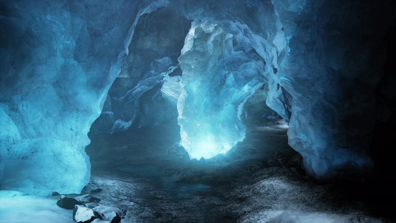 蓝色的冰洞覆盖着雪，充满了光