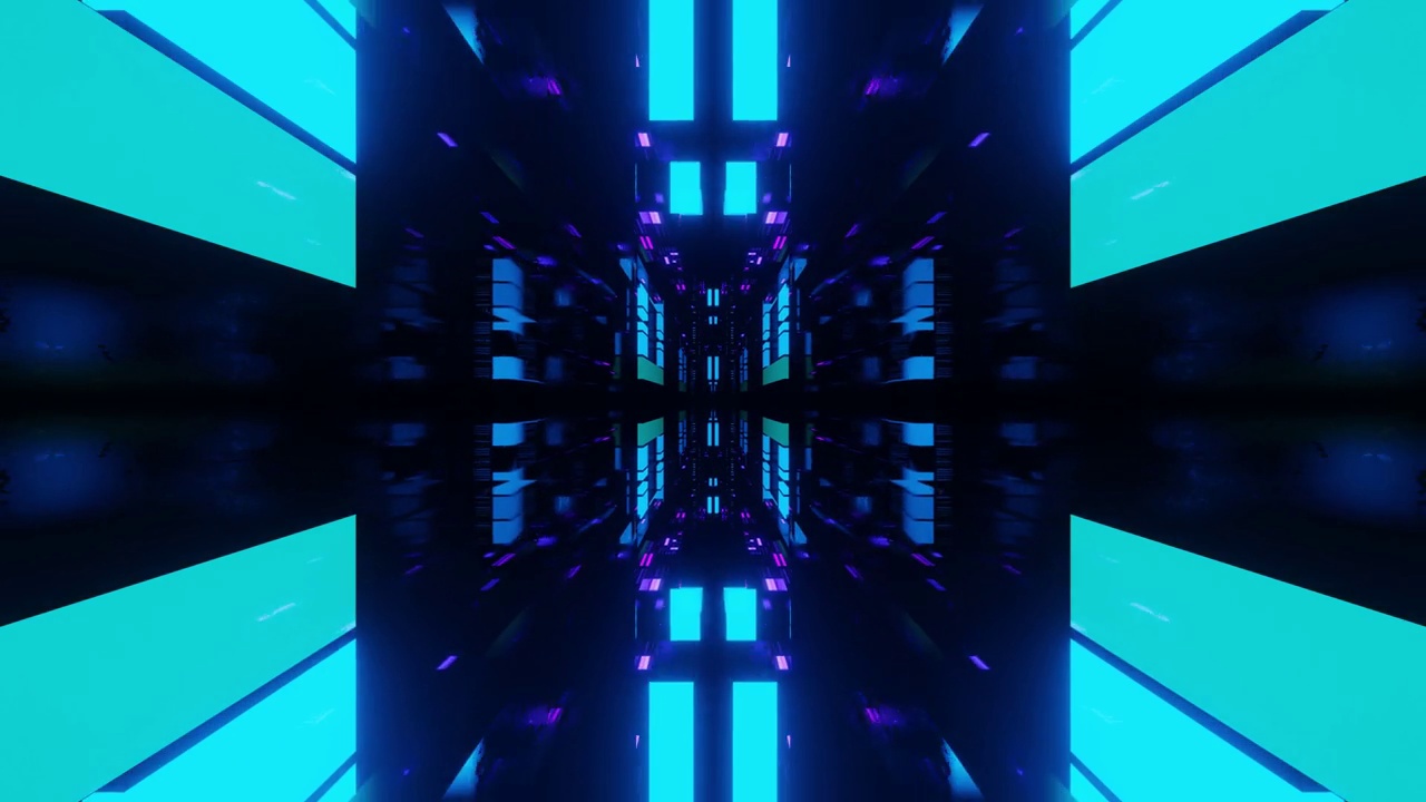 详情图-通过对称的技术空间与霓虹灯发光。穿越高科技隧道的科幻飞行。霓虹灯。3d循环4k,bg。科幻建筑，神秘的3d物体