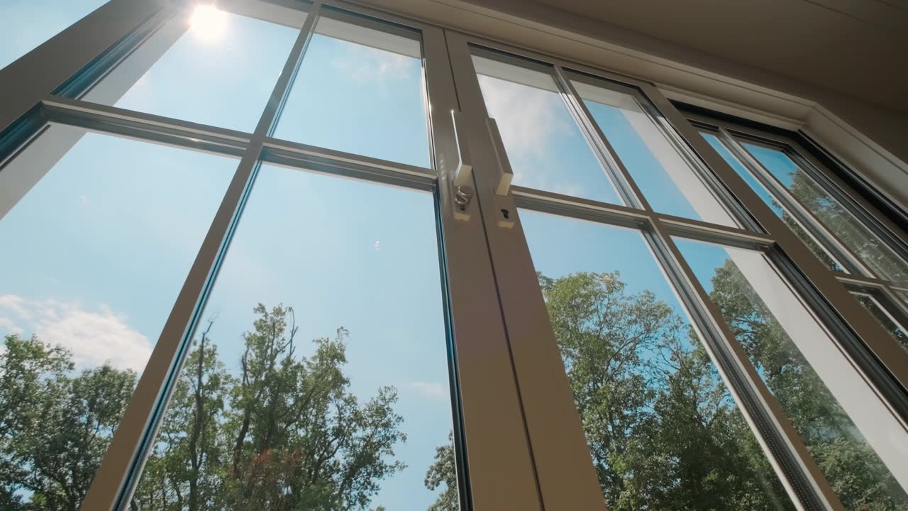 詳情圖-在一個明亮的多風的日子里，從窗戶里看到了綠油油的樹木。移動鏡頭