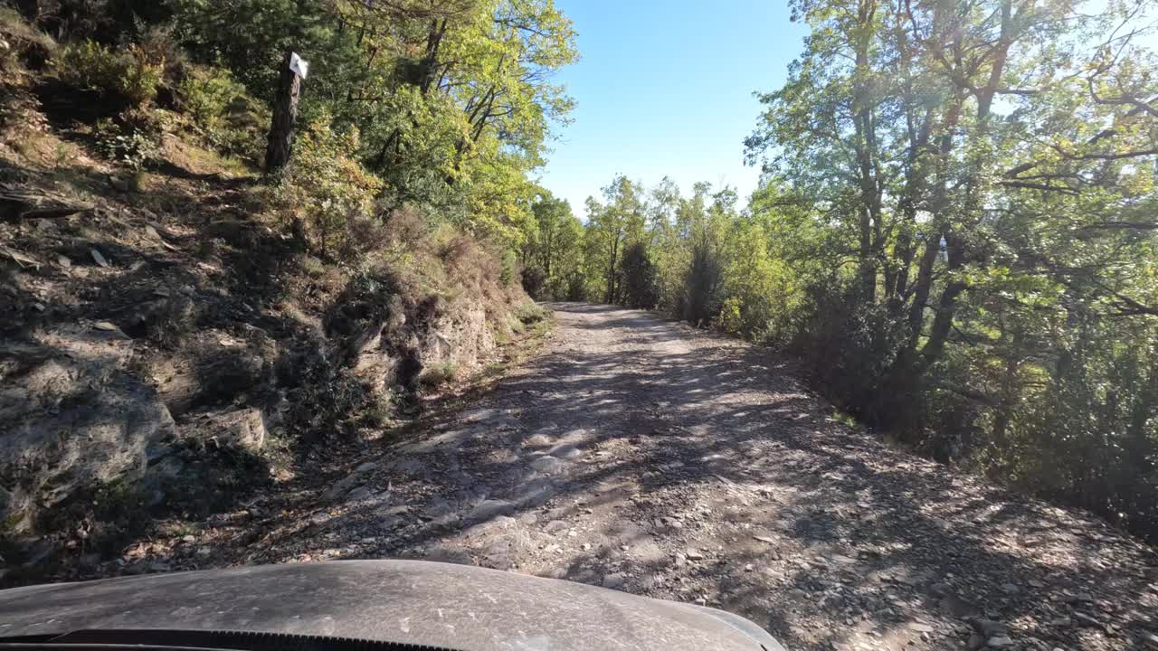 下车公路休闲土路山顶POV。自然、山水、山林环境如画。户外娱乐，探索和娱乐。的观点。