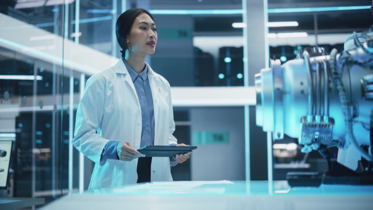 詳情圖-中年工程師和年輕的亞洲科學(xué)家合作研制新型電動渦輪發(fā)動機(jī)，在科學(xué)技術(shù)實驗室里站立和使用平板電腦。