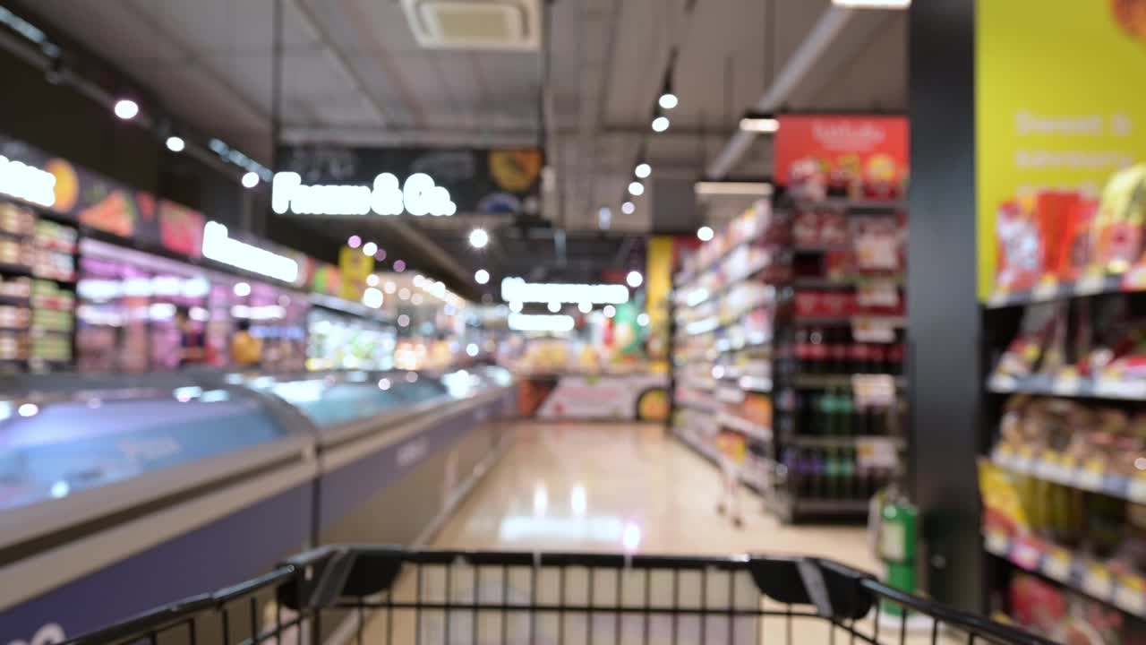 模糊的购物车通过食品货架内部散焦背景在超市。一个人在超市里推着购物车的慢动作镜头。