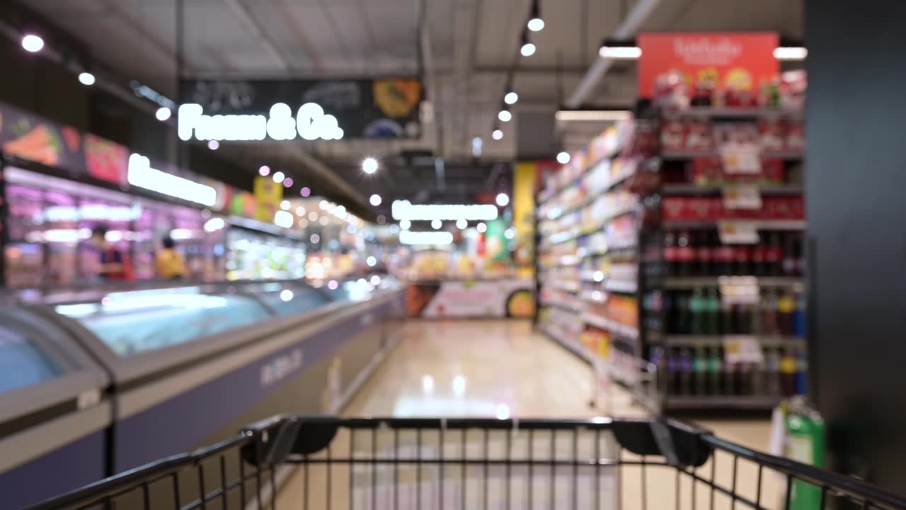 详情图-模糊的购物车通过食品货架内部散焦背景在超市。一个人在超市里推着购物车的慢动作镜头。