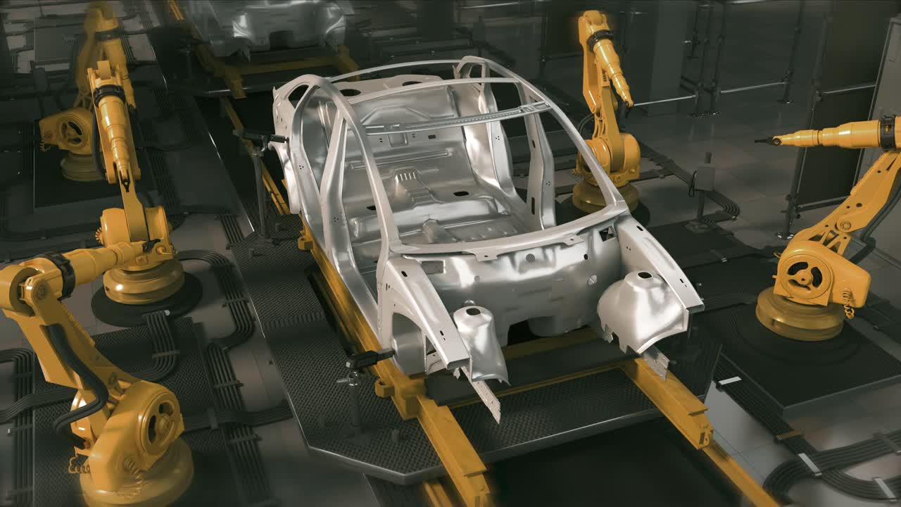 空中汽車工廠3D概念:自動(dòng)化機(jī)械臂裝配線制造高科技綠色能源電動(dòng)汽車。施工，焊接工業(yè)生產(chǎn)輸送機(jī)