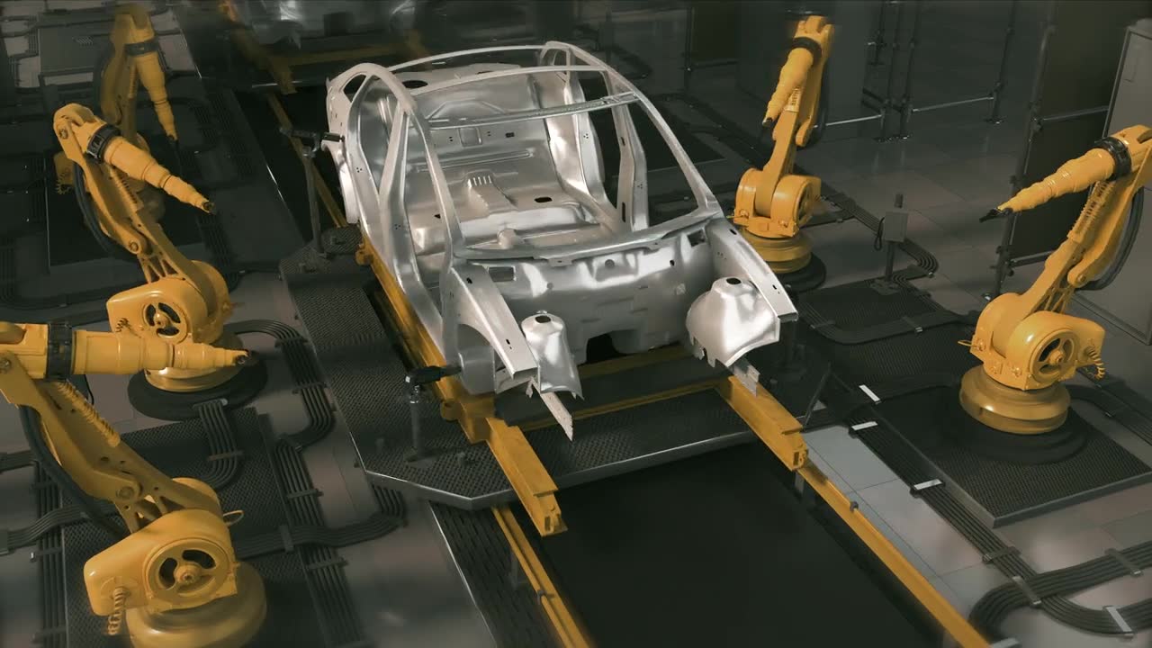 詳情圖-空中汽車工廠3D概念:自動(dòng)化機(jī)械臂裝配線制造高科技綠色能源電動(dòng)汽車。施工，焊接工業(yè)生產(chǎn)輸送機(jī)